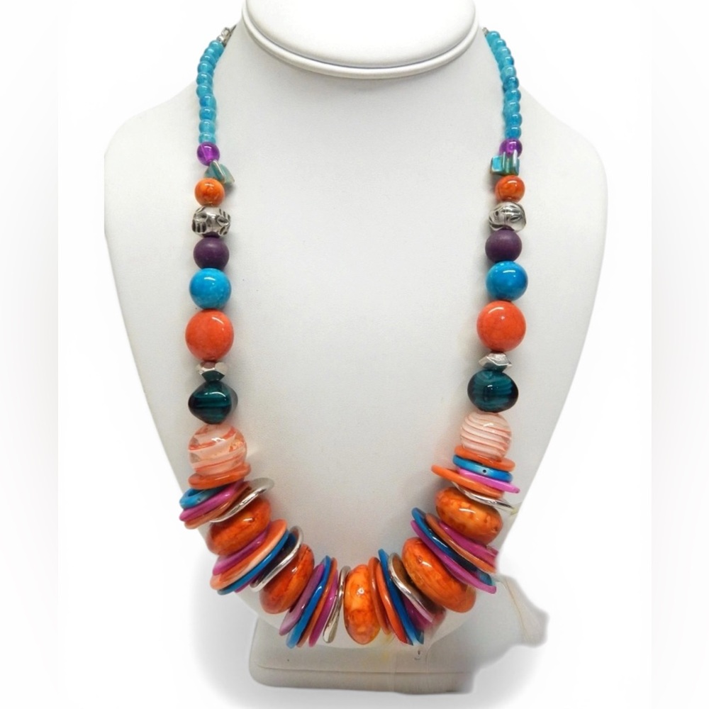 MULTICOLOR CERAMIC, GLASS, MOTHER OF PEARL & ACRYLIC BEAD NECKLACE 24"